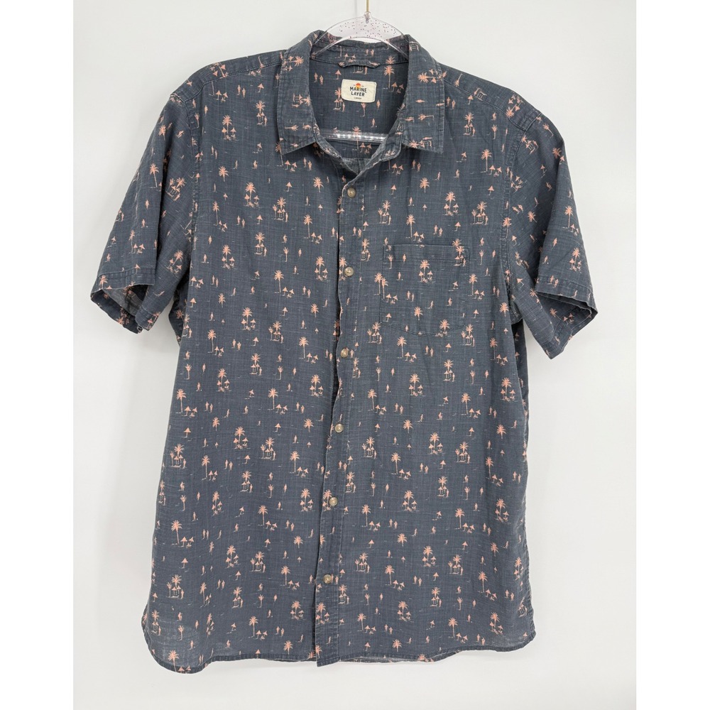 Marine Layer Mens Palm Tree Print Short Sleeve Cotton Button Down Shirt Sz L